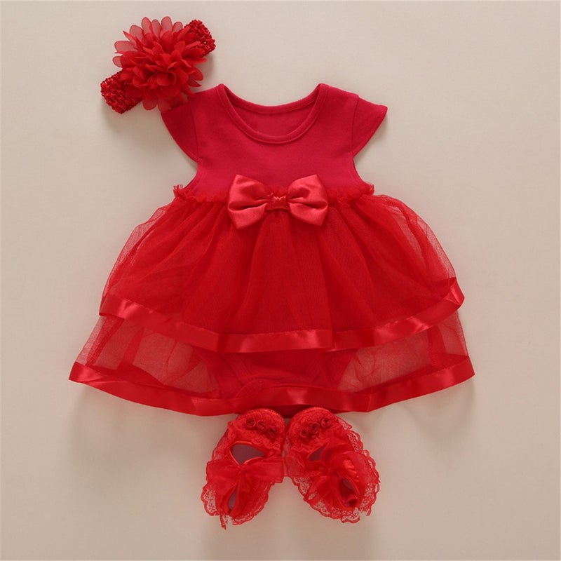 Niyage Baby Girls Clothes Dress Headband Shoes 3 Pcs Set Flowers Party Outfit Romper Dress-Red 3-6 Months - Image 4